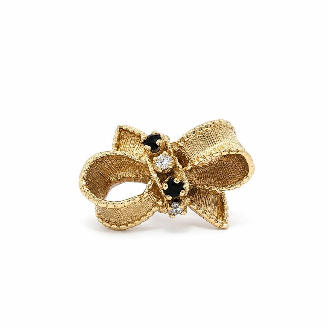Unbranded 14k Yellow Gold Bow Band Ring with Diamond and Sapphire: Unbranded 14k Yellow Gold Bow Band Ring with Diamond and Sapphire Vintage 14k yellow gold band ring featuring a detailed textured ribbon bow design with two natural round diamonds and two natural roun