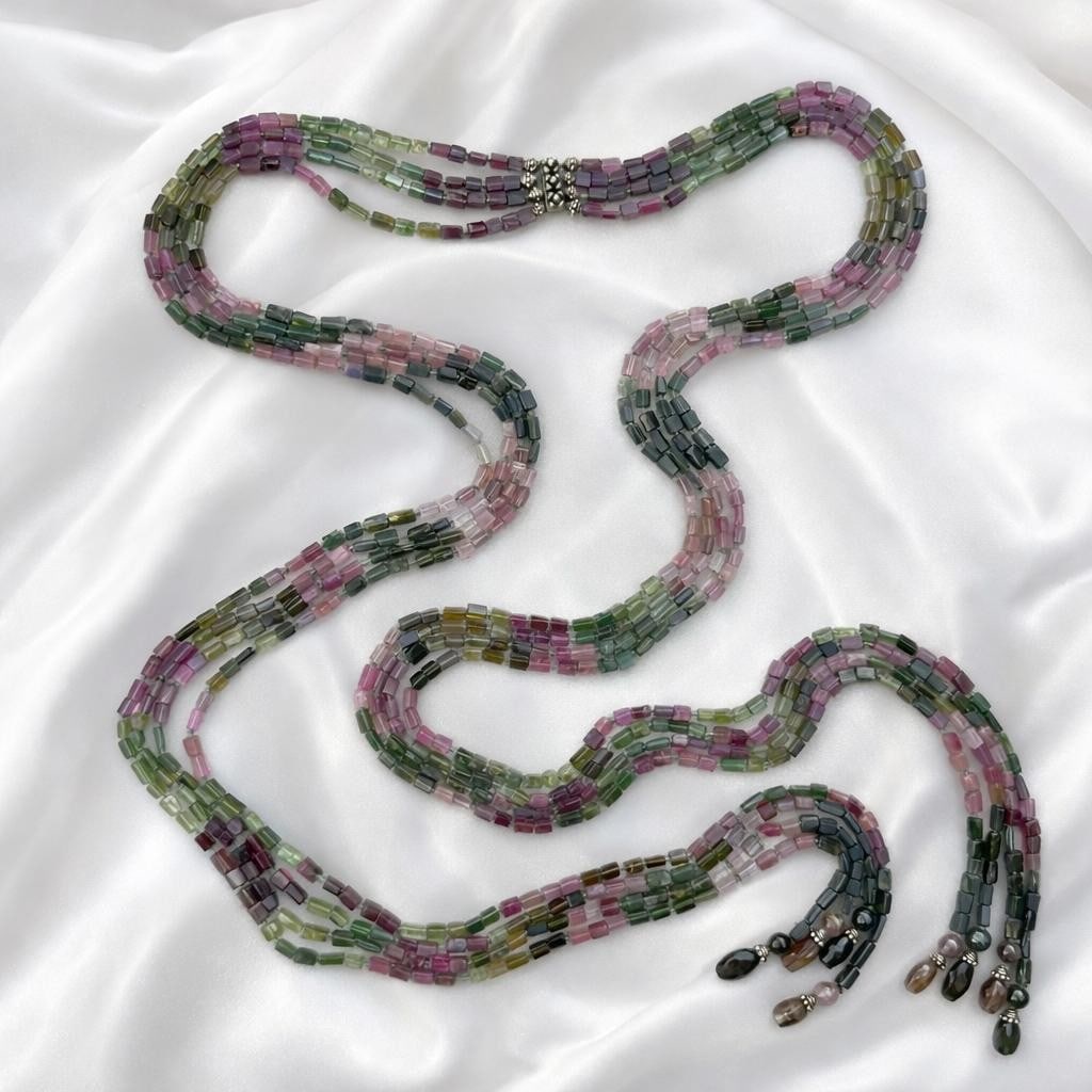 Sterling Silver Long Necklace With Pink and Green Tourmaline Briolette and Cube Beads: Sterling Silver Long Necklace With Pink and Green Tourmaline Briolette and Cube Beads This vintage long scarf necklace features numerous natural tourmaline stones in round bead, faceted briolette, and