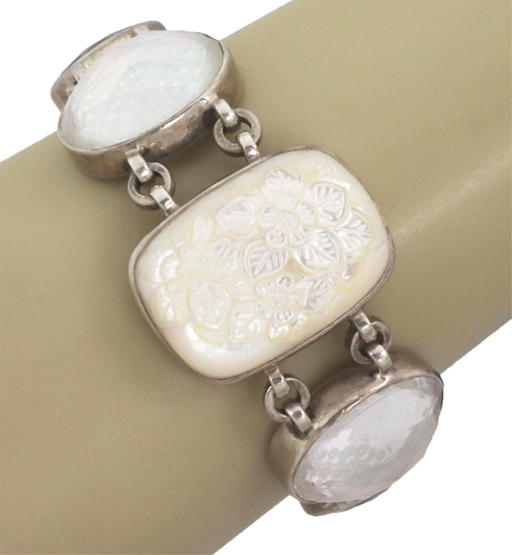 Stephen Dweck Floral Toggle Bracelet Sterling Silver MOP Quartz: Stephen Dweck Floral Toggle Bracelet Sterling Silver MOP Quartz Vintage Stephen Dweck floral toggle bracelet in sterling silver with sculptural floral links set with natural mother-of-pearl and clear 