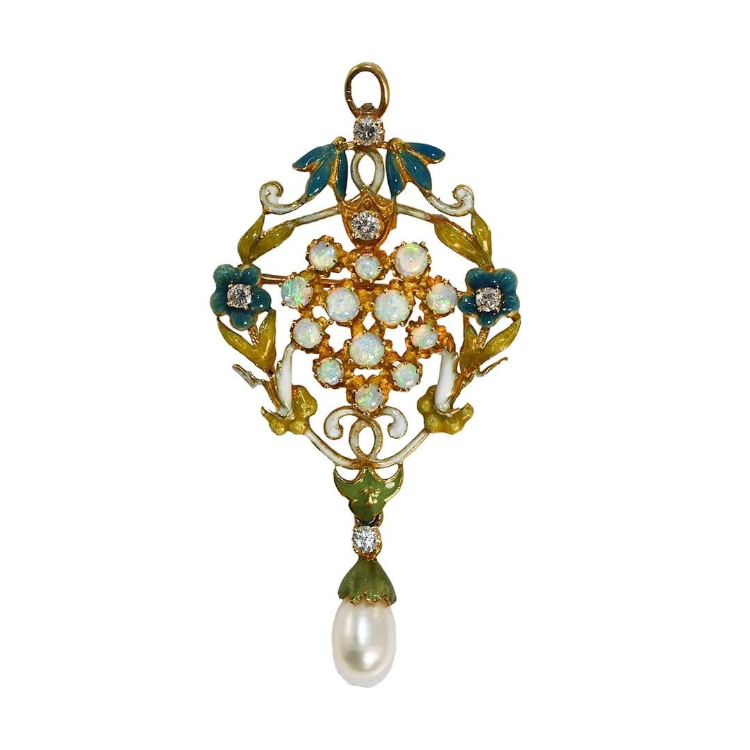 14K Yellow Gold Brooch Pendant with Opals Diamonds and Pearl 8g: 14K Yellow Gold Brooch Pendant with Opals Diamonds and Pearl 8g Pre-owned 14k yellow gold brooch/pendant featuring natural opals and five round brilliant cut diamonds, with colored enamel accents and 