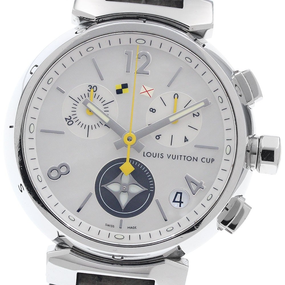 Louis Vuitton Tambour quartz chronograph men's wristwatch Q11BA: Louis Vuitton Tambour quartz chronograph men's wristwatch Q11BA This LOUIS VUITTON Tambour Date Chronograph Quartz men's wristwatch features a stainless steel case and a leather strap, with a white sh