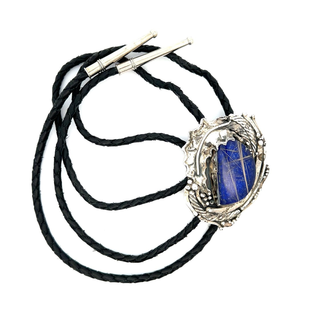 Sterling Silver Bolo Tie with Rutilated Quartz and Lapis Lazuli by Stan Davidson: Sterling Silver Bolo Tie with Rutilated Quartz and Lapis Lazuli by Stan Davidson This vintage bolo tie features a custom-cut, natural rutilated quartz with golden striations, paired with a custom-cut,