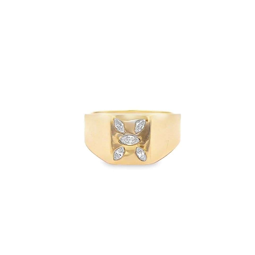 Men's 14K Yellow Gold Flush Set Marquise Diamond Band Ring Size 11: Men's 14K Yellow Gold Flush Set Marquise Diamond Band Ring Size 11 This striking Men's 14K Yellow Gold Marquise Diamond Band Ring showcases five exquisite natural diamonds, each expertly burnished and
