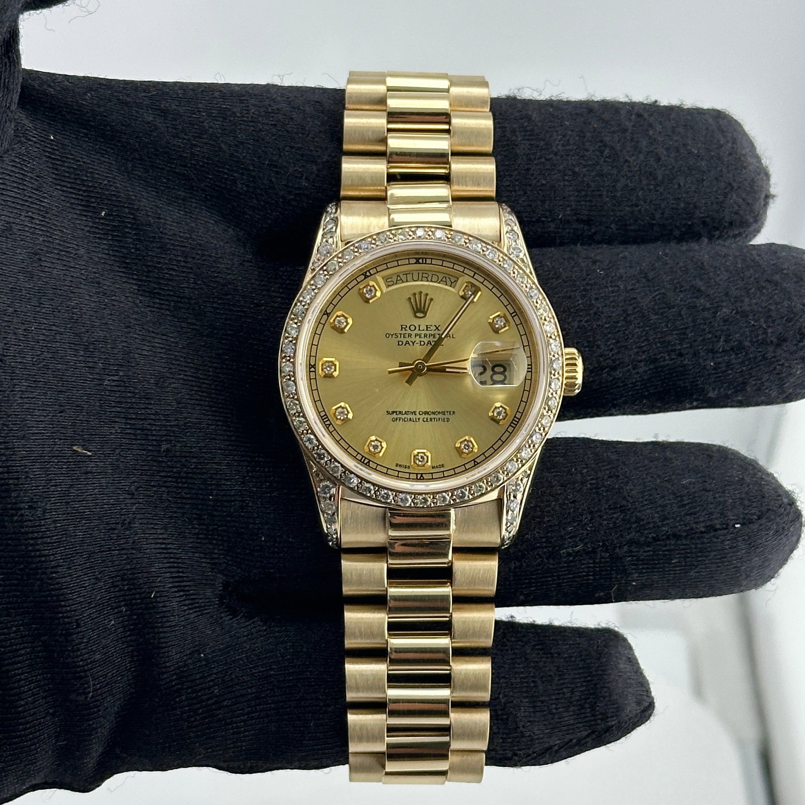 Rolex 18038 Day-Date mens watch aftermarket gold diamond dial: Rolex 18038 Day-Date mens watch aftermarket gold diamond dial Rolex Day-Date reference 18038 featuring an Aftermarket gold diamond dial, a pave 10K diamond bezel, and an Aftermarket President 14K brac
