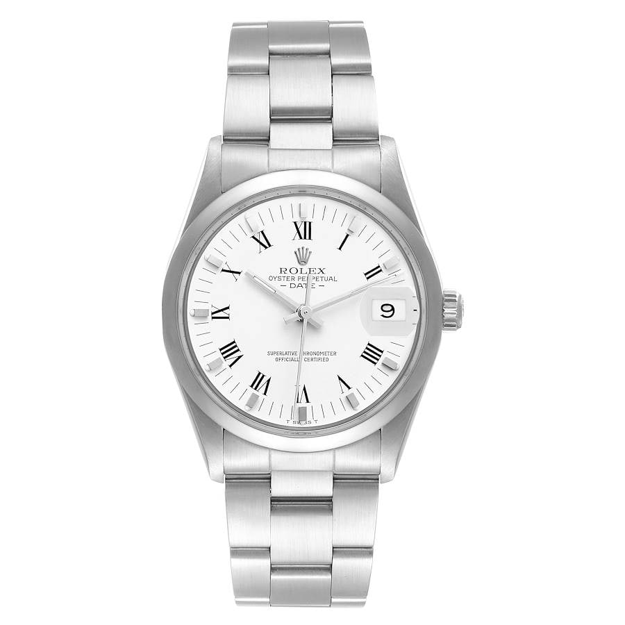 Rolex Oyster Perpetual Date 15000 White Roman Dial Oyster Bracelet: Rolex Oyster Perpetual Date 15000 White Roman Dial Oyster Bracelet This Rolex Oyster Perpetual Date features a white Roman numeral dial and a smooth bezel, complemented by a classic Oyster bracelet. T