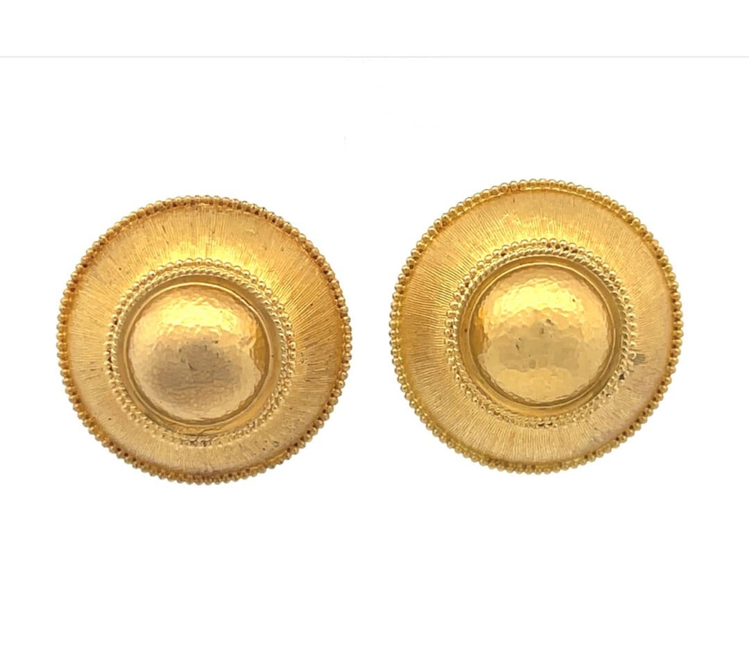Elegant 21K 18K Yellow Gold Fancy Dome Clip-On Earrings: Elegant 21K 18K Yellow Gold Fancy Dome Clip-On Earrings These elegant clip-on earrings feature a stunning combination of 21K and 18K yellow gold, designed in a fancy dome style that adds a touch of so