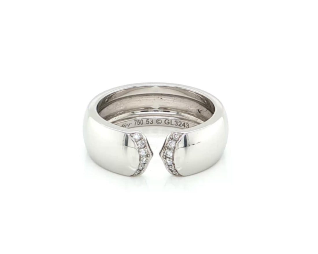 Cartier Double C cuff band ring 18k white gold diamonds size 53: Cartier Double C cuff band ring 18k white gold diamonds size 53 Pre-owned Cartier Double C Diamond Cuff ring in 18k white gold, featuring an open-front cuff band with the signature Double C motif and 