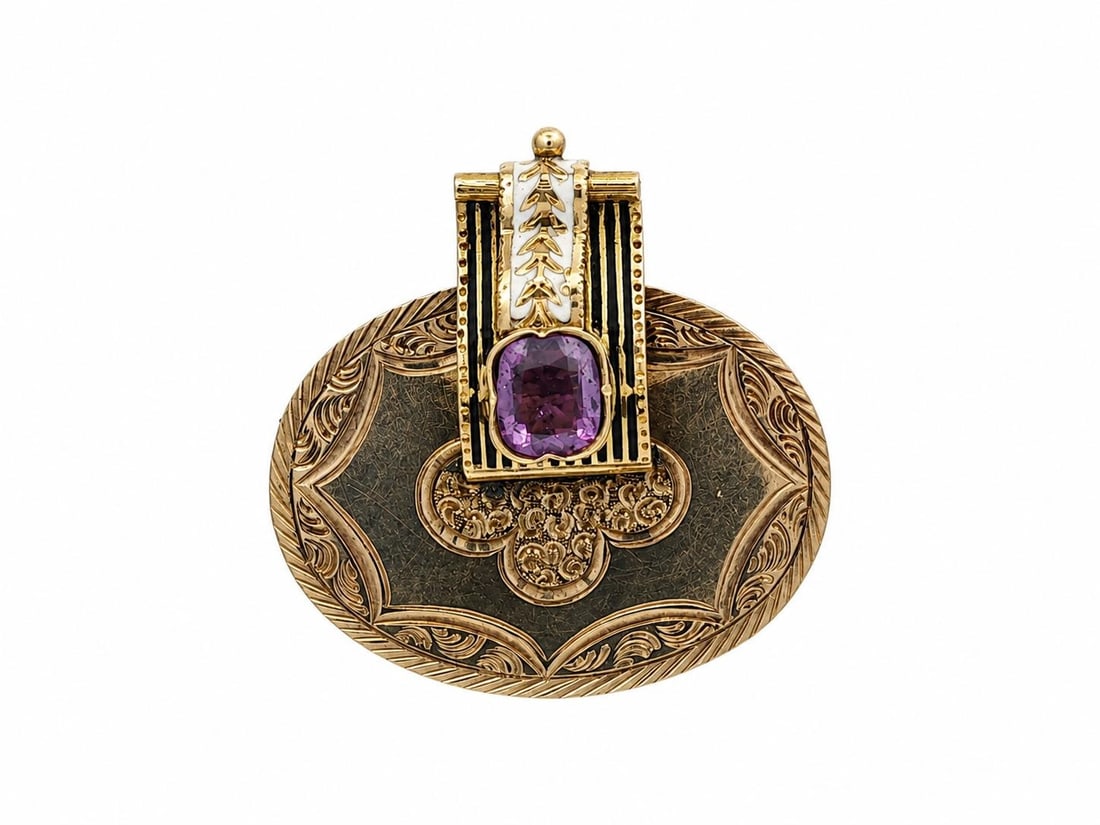 Victorian 10k Yellow Gold Brooch with Amethyst Enamel and Hand Engraving: Victorian 10k Yellow Gold Brooch with Amethyst Enamel and Hand Engraving Antique Victorian brooch featuring a natural amethyst in an old cushiony cut, prong set in solid 10k yellow gold with black and