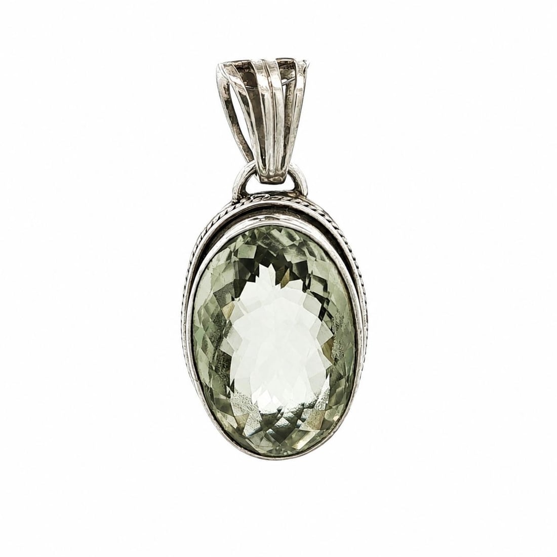 Unbranded Oval Prasiolite Green Amethyst Sterling Silver Pendant: Unbranded Oval Prasiolite Green Amethyst Sterling Silver Pendant Handmade ornate pendant featuring a natural oval prasiolite, also described as green amethyst, set in sterling silver. This large penda