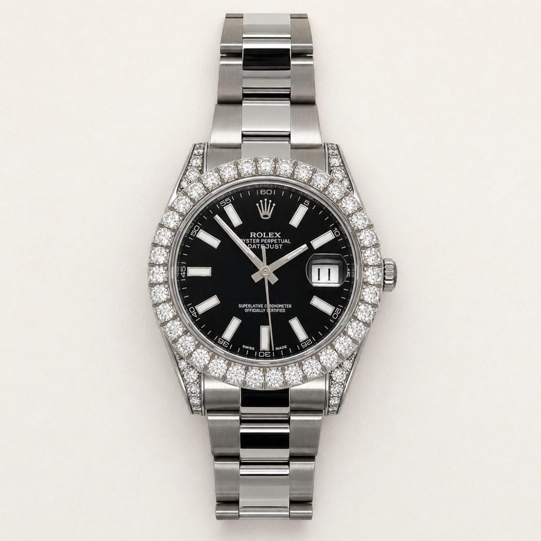 Rolex Datejust 116334 41mm Stainless Steel Watch Diamond Set: Rolex Datejust 116334 41mm Stainless Steel Watch Diamond Set Pre-owned Rolex DateJust wristwatch in stainless steel, featuring a 41 mm case and set with approximately 6.00 ct of diamonds on the bezel,