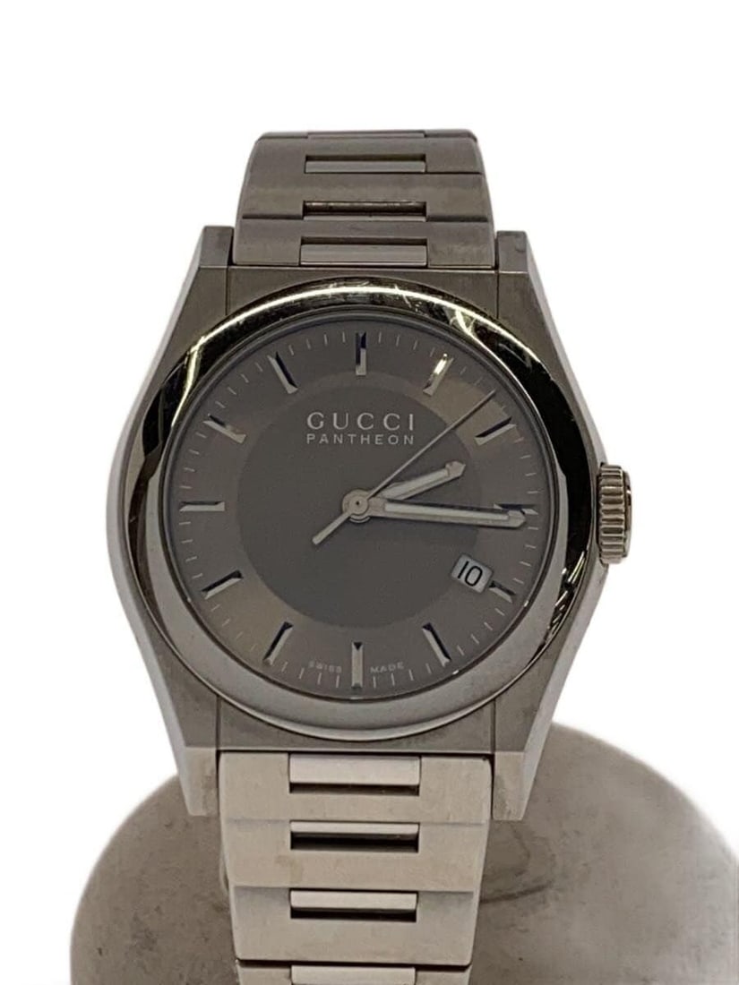 Gucci Pantheon stainless steel quartz date men's wristwatch: Gucci Pantheon stainless steel quartz date men's wristwatch This men's GUCCI Pantheon wristwatch features a quartz movement and date function. Crafted from stainless steel, it has a classic design wit