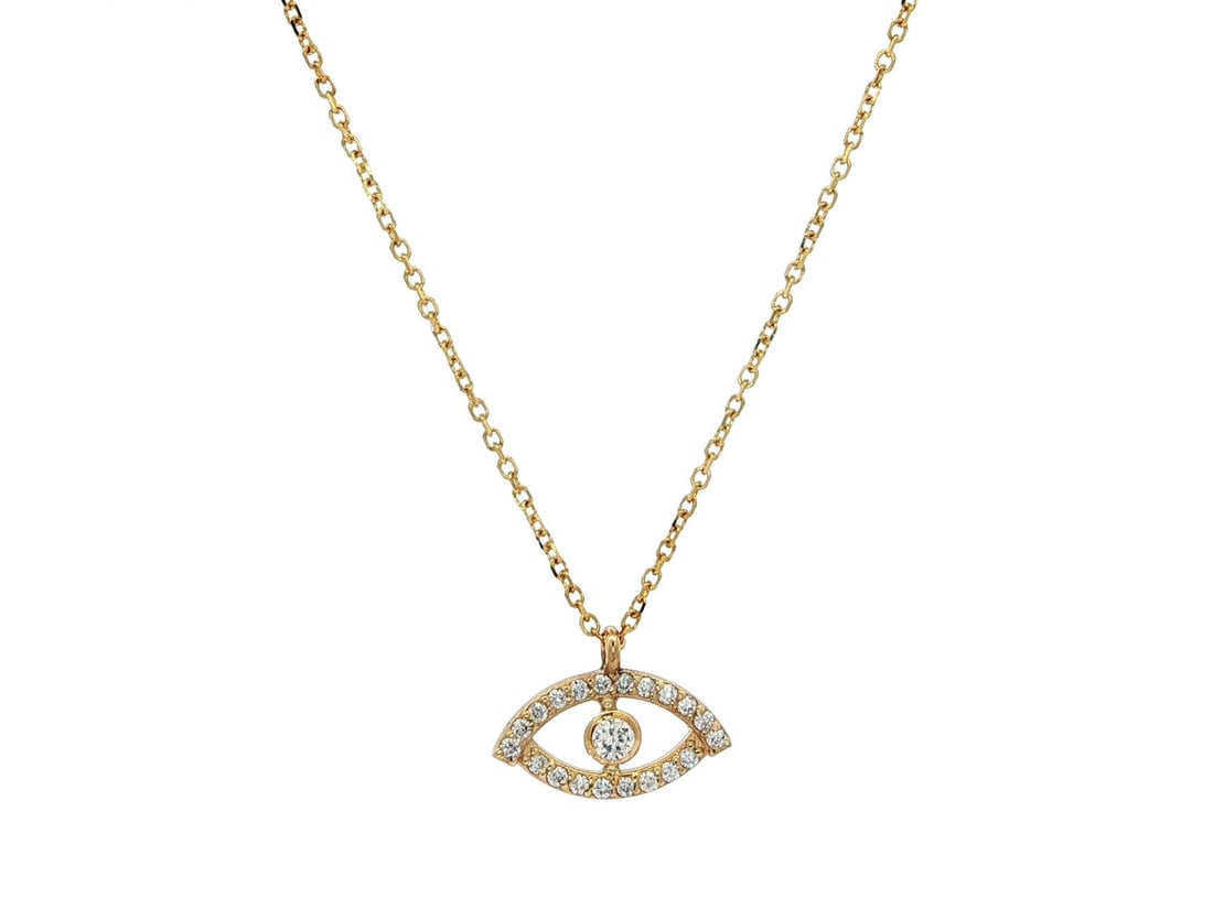 14k Yellow Gold 0.11ct Diamond Evil Eye Pendant Necklace Adjustable: 14k Yellow Gold 0.11ct Diamond Evil Eye Pendant Necklace Adjustable This exquisite 14k Yellow Gold Evil Eye Slide Pendant Necklace features a total of 0.11ct of sparkling natural diamonds in a brillia