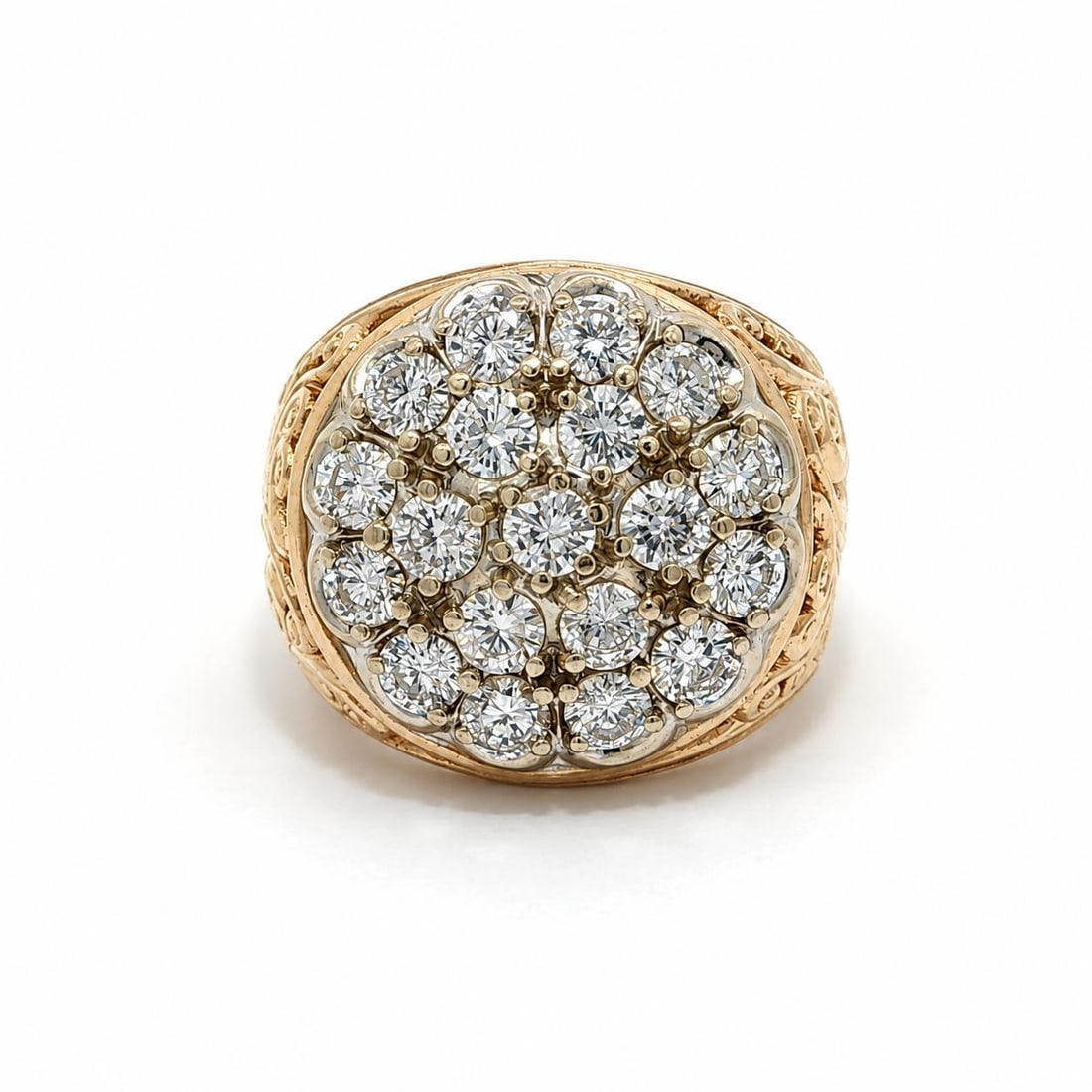 Mens Cocktail Ring 14k Yellow White Gold 3ctw Diamond Cluster: Mens Cocktail Ring 14k Yellow White Gold 3ctw Diamond Cluster Men's cocktail ring crafted in solid 14k yellow and white gold, featuring a cluster of 19 natural genuine round brilliant cut diamonds in 