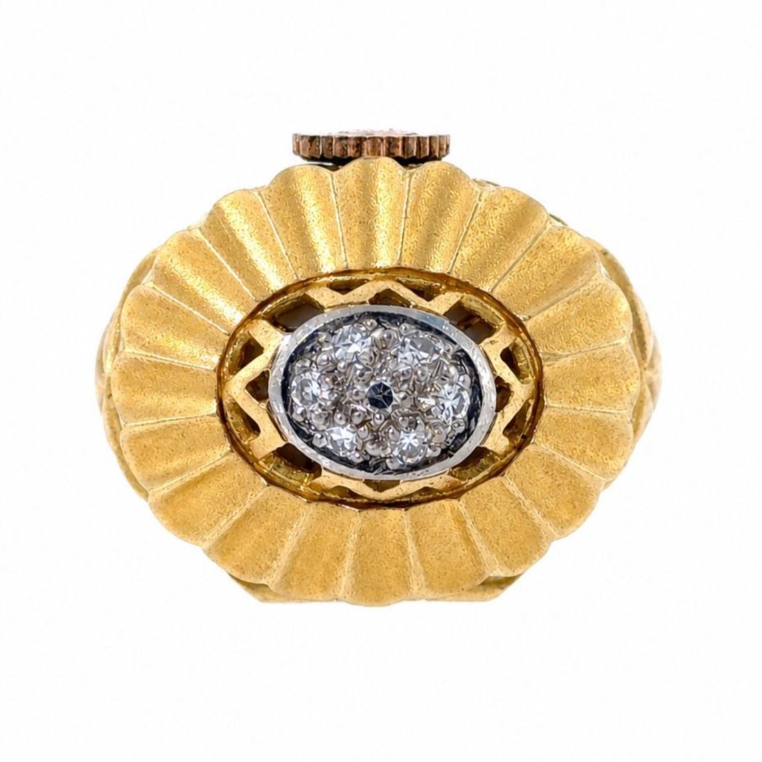 Bucherer 18K Gold Ring Watch with 7 Diamond Accents: Bucherer 18K Gold Ring Watch with 7 Diamond Accents Bucherer ring watch crafted in 18K yellow gold, featuring seven diamonds. This pre-owned piece combines jewelry and timepiece styling in a distincti
