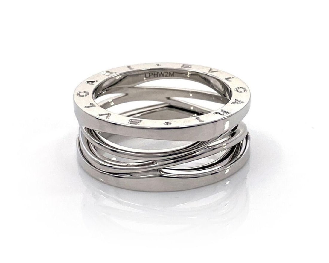 Bvlgari B.zero1 Legend 18k White Gold Band Ring Size 10 Cert: Bvlgari B.zero1 Legend 18k White Gold Band Ring Size 10 Cert Pre-owned Bvlgari B.zero1 Legend Wave ring crafted in 18k white gold. This original band ring features a sculptural wave-inspired design wi