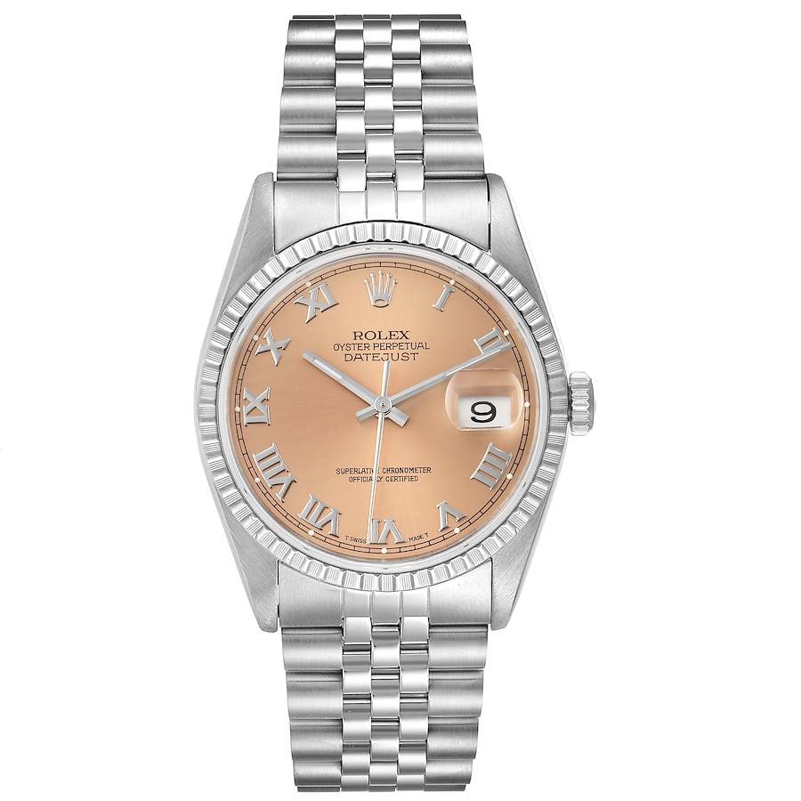 Rolex Datejust 16220 Men's Watch with Salmon Roman Dial and Jubilee Bracelet: Rolex Datejust 16220 Men's Watch with Salmon Roman Dial and Jubilee Bracelet This Rolex Datejust watch features a salmon Roman numeral dial and an engine-turned bezel, complemented by a Jubilee bracel