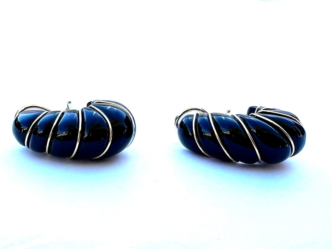 Stunning French 14K Gold Onyx Clip Earrings Signed Hallmarked (1 of 7)