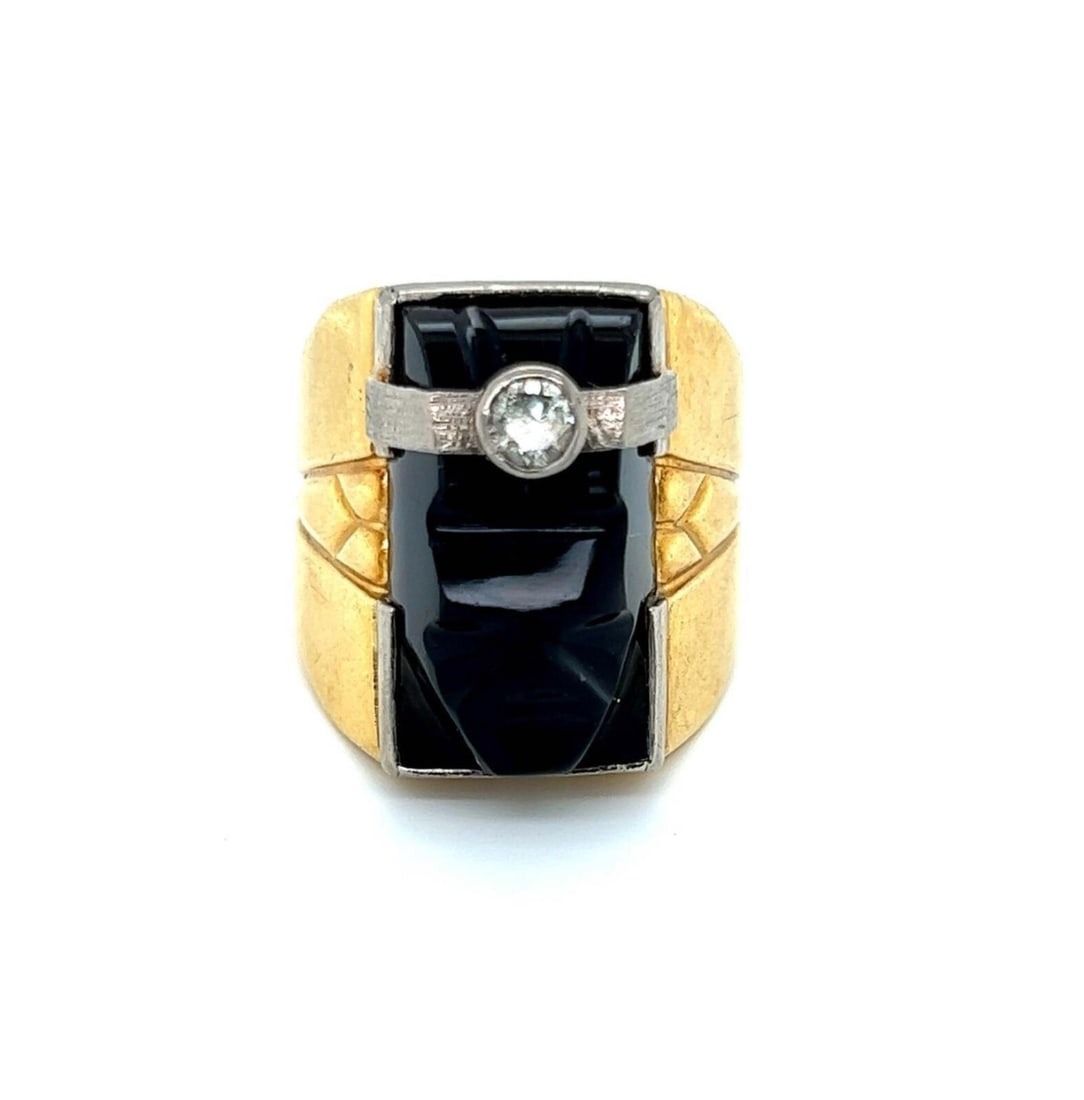 18k Yellow White Gold Carved Face Ring with Onyx and Diamonds Size 9.5: 18k Yellow White Gold Carved Face Ring with Onyx and Diamonds Size 9.5 Vintage estate statement ring featuring a sculptural carved face motif with black onyx and natural diamond accents. Crafted in 18
