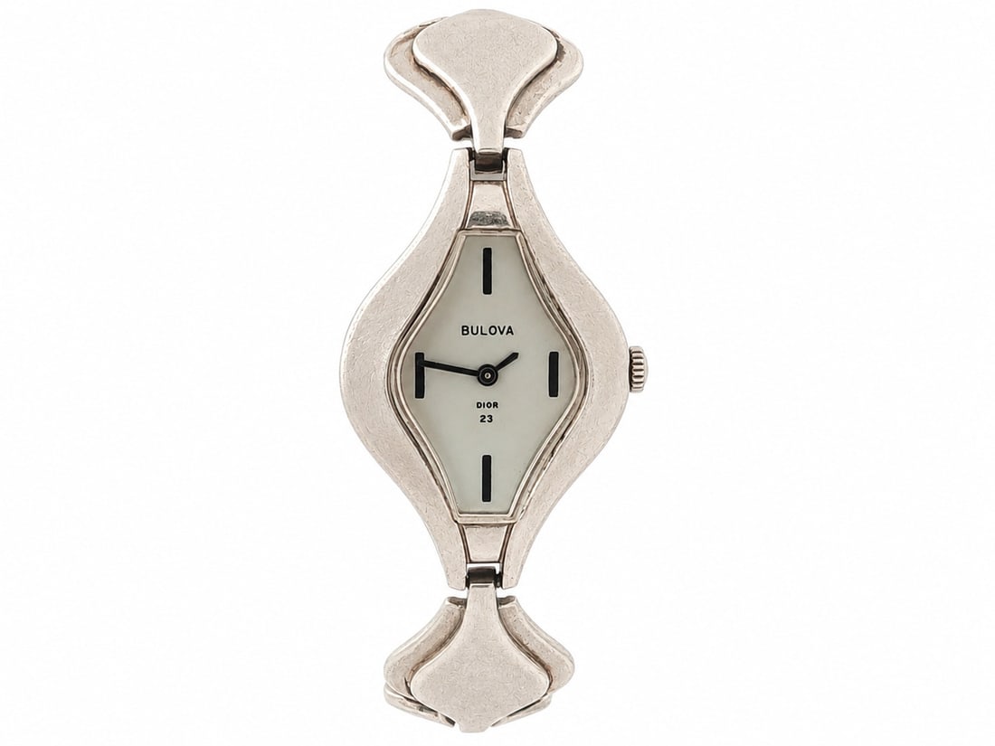 Bulova Dior 23 Womens Manual Wind Sterling Silver Bracelet Watch: Bulova Dior 23 Womens Manual Wind Sterling Silver Bracelet Watch Vintage women's Bulova wristwatch with a Christian Dior bracelet design, featuring a hand-wound mechanical movement and analog 12-hour 