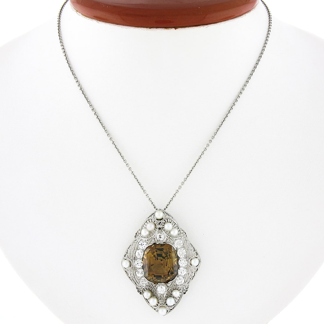 Edwardian Platinum GIA Certified 17.68ct Chrysoberyl Diamond Pearl Pendant Necklace: Edwardian Platinum GIA Certified 17.68ct Chrysoberyl Diamond Pearl Pendant Necklace This exquisite Antique Edwardian pendant showcases a stunning GIA certified natural chrysoberyl, weighing 16.00 cara