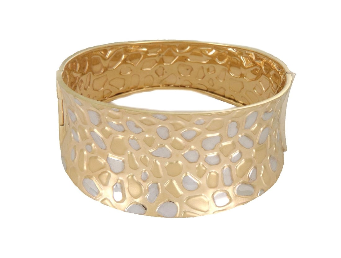 14k Yellow and White Gold Concave Pebble Bangle Bracelet: 14k Yellow and White Gold Concave Pebble Bangle Bracelet Contemporary 14k two-tone gold bangle bracelet with a wide concave front half and slimmer hinged back half. The design features a soft satin fi