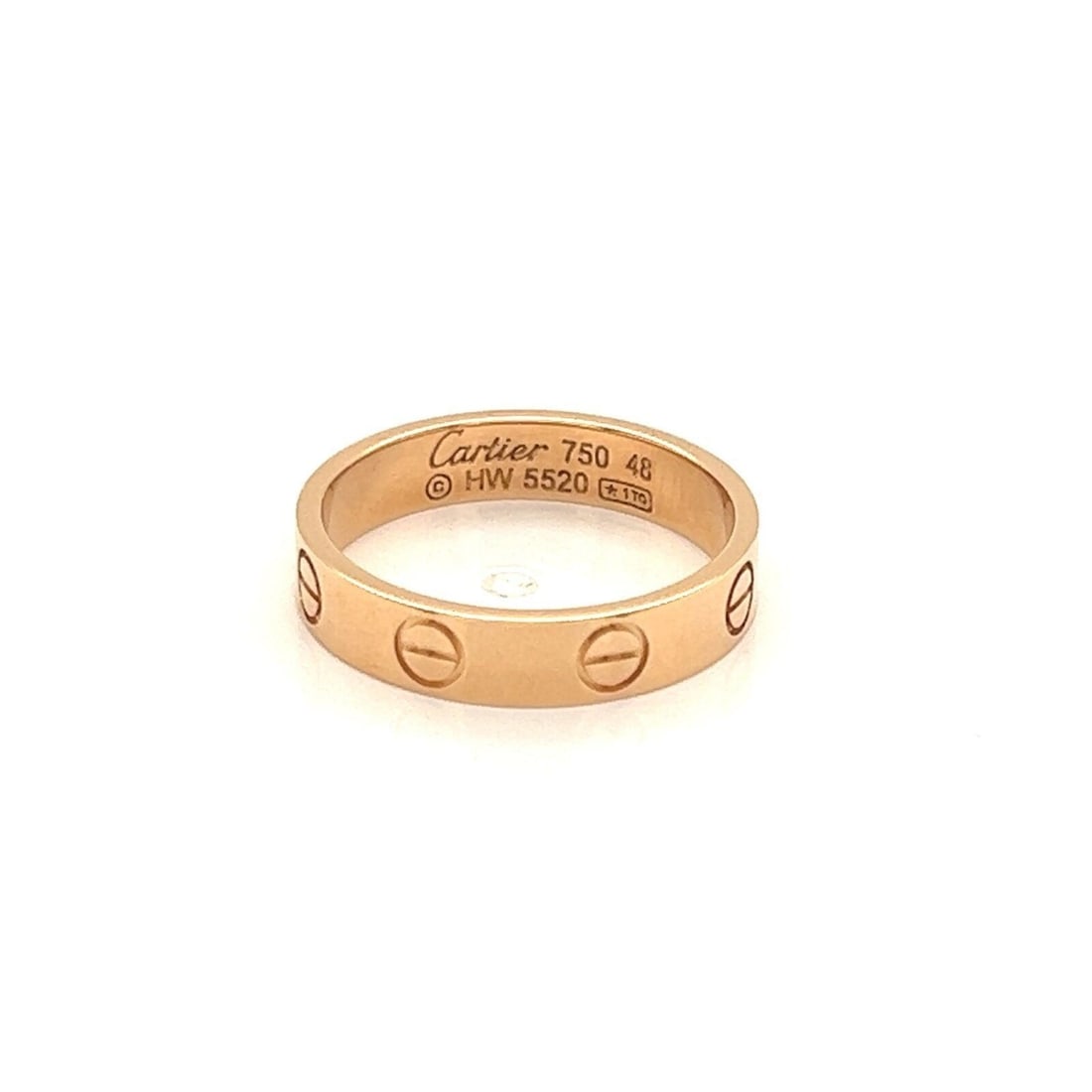 Cartier Mini LOVE 18k Rose Gold Ring Size 4.5 with Certificate: Cartier Mini LOVE 18k Rose Gold Ring Size 4.5 with Certificate Authentic Cartier Mini LOVE wedding band ring from the LOVE collection, crafted in solid 18k rose gold with the collection's signature sc