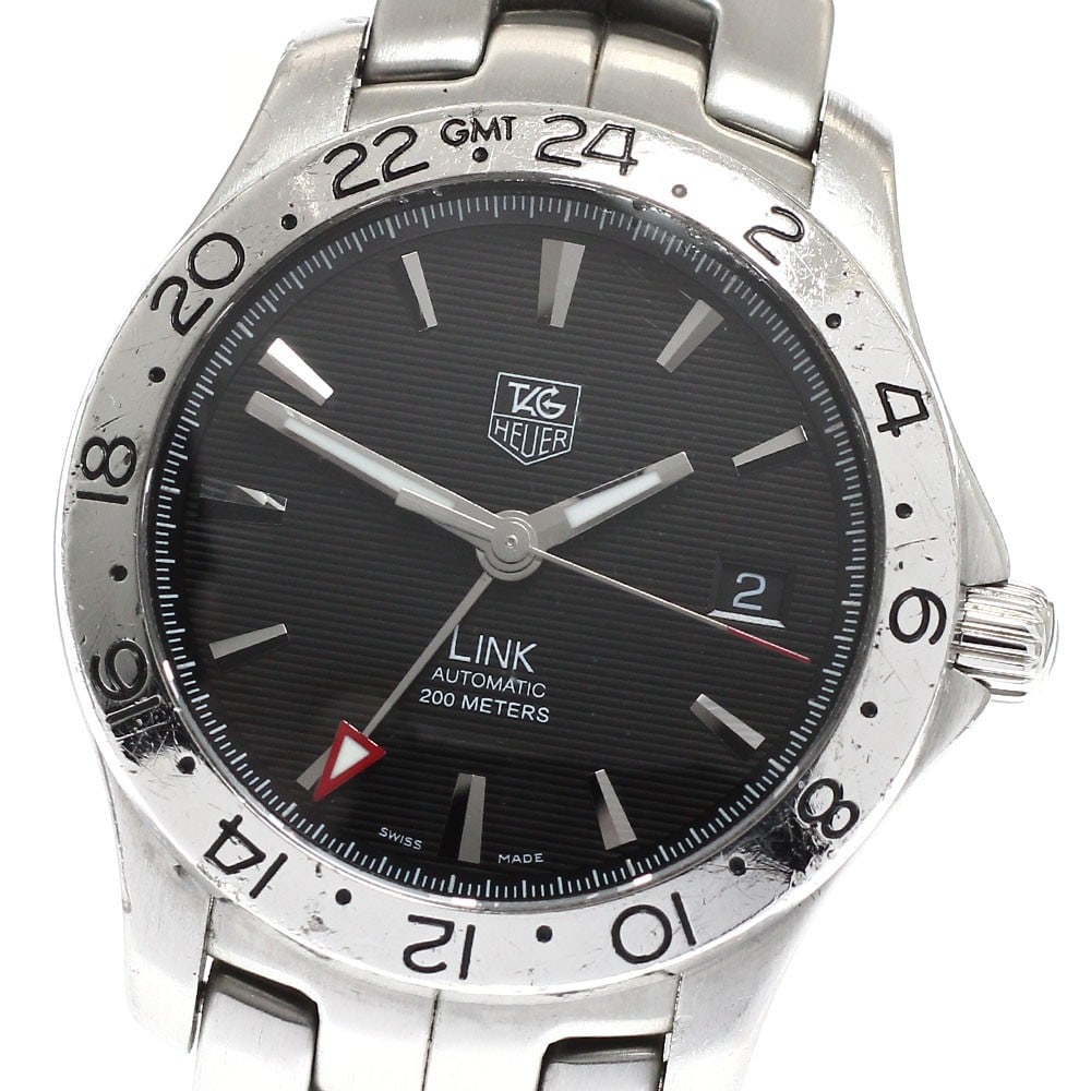 TAG Heuer Link GMT Automatic Stainless Steel Men's Wristwatch WJF2116: TAG Heuer Link GMT Automatic Stainless Steel Men's Wristwatch WJF2116 This TAG Heuer Link GMT Date men's wristwatch features a stainless steel case and band with a black dial. The watch is powered by 