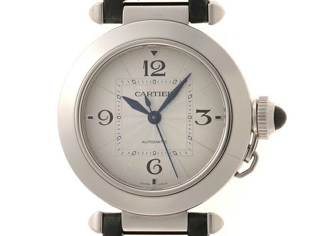 Cartier WSPA0012 Pasha de Cartier 35 automatic wristwatch silver dial: Cartier WSPA0012 Pasha de Cartier 35 automatic wristwatch silver dial Cartier Pasha De Cartier 35 wristwatch, model WSPA0012, with a silver Arabic guilloche dial and stainless steel / crocodile constr