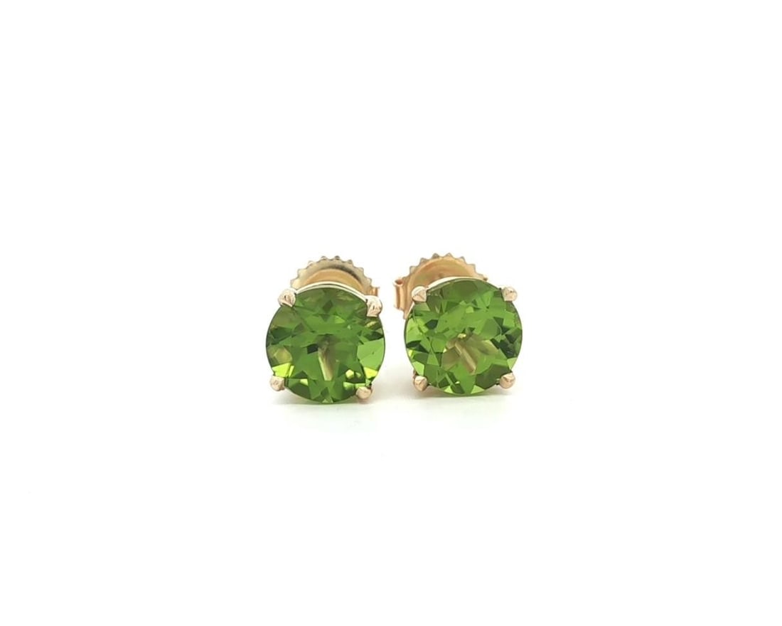14k Yellow Gold 4.21ctw Round Green Peridot Stud Earrings: 14k Yellow Gold 4.21ctw Round Green Peridot Stud Earrings Elevate your style with these stunning 14k Yellow Gold stud earrings, featuring two natural, round brilliant cut Peridots. With a total carat 