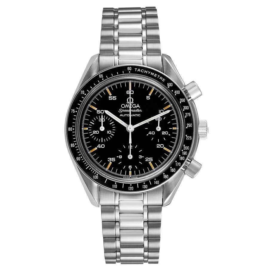Omega 3510.50.00 Speedmaster Reduced mens steel bracelet watch: Omega 3510.50.00 Speedmaster Reduced mens steel bracelet watch Omega Speedmaster Reduced wristwatch featuring a black dial, tachymeter bezel, and stainless steel bracelet. This men's watch is identifi