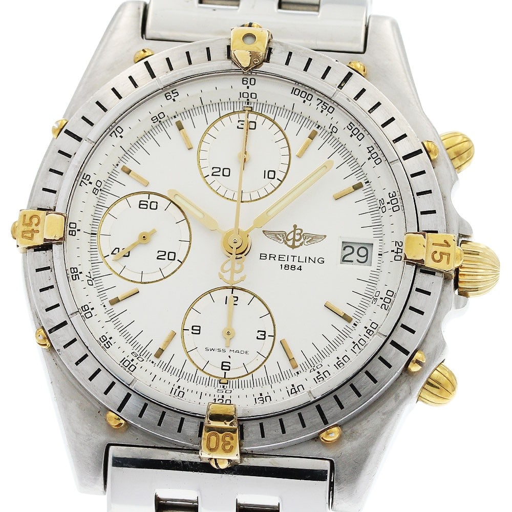 Breitling Chronomat B13047 mens automatic bicolor watch with date: Breitling Chronomat B13047 mens automatic bicolor watch with date Pre-owned Breitling Chronomat Bicolor men's automatic wristwatch with date, chronograph, and small seconds functions. This watch-only 