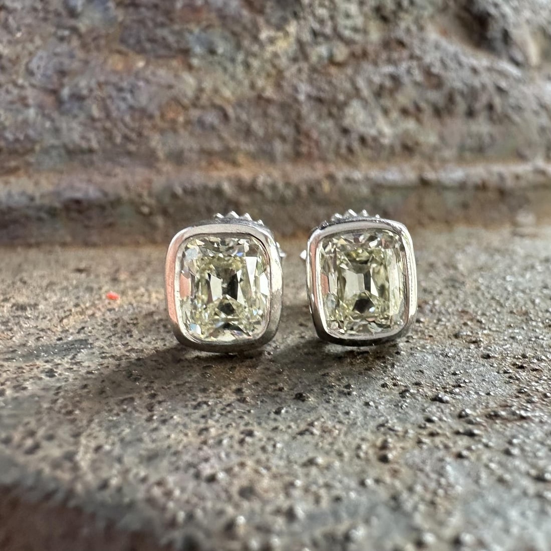 Platinum GIA Old Mine Cut Diamond Stud Earrings 2.01ctw Bezel Set (1 of 18)