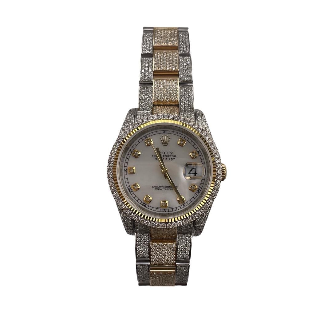 Rolex Datejust Mens Watch 116233 Diamond Bezel Oyster Bracelet Aftermarket MOP Dial: Rolex Datejust Mens Watch 116233 Diamond Bezel Oyster Bracelet Aftermarket MOP Dial This Rolex Datejust features an aftermarket mother of pearl dial, a diamond bezel, and is paired with an Oyster brac