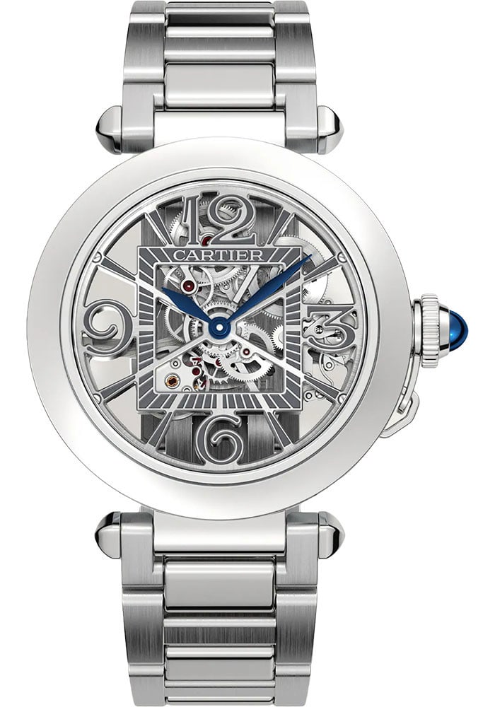 Cartier Pasha Skeleton Dial Watch WHPA0007 41mm Stainless Steel with 2021 Card: Cartier Pasha Skeleton Dial Watch WHPA0007 41mm Stainless Steel with 2021 Card The Cartier Pasha de Cartier Skeleton Dial Ref WHPA0007/4282 is a sophisticated timepiece featuring a 41mm stainless stee