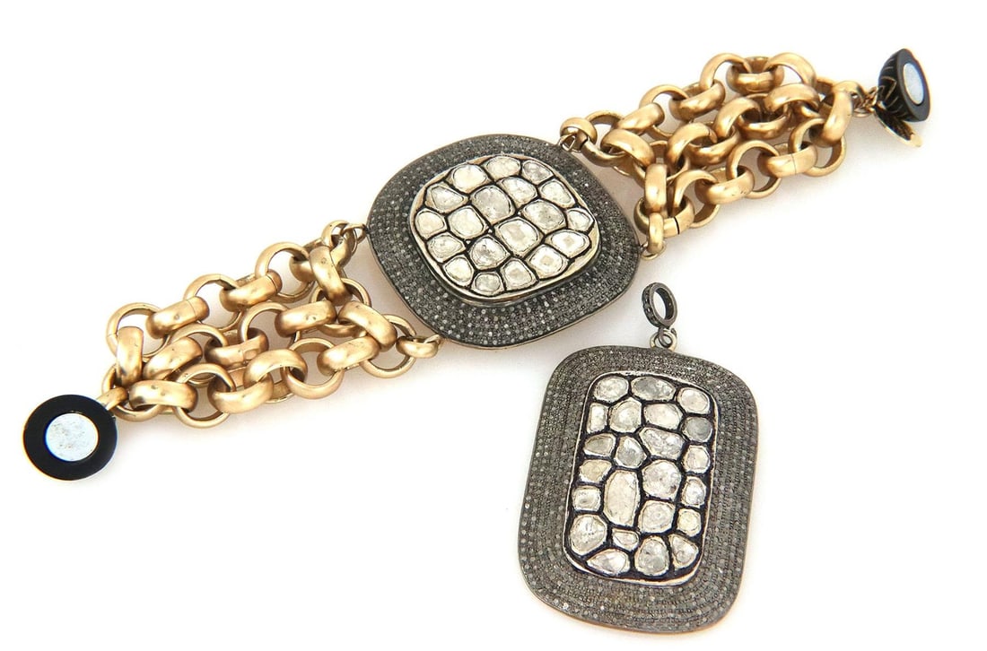Suzy T Designs Diamond Silver Pendant Bracelet Set with Gold Plated Chain: Suzy T Designs Diamond Silver Pendant Bracelet Set with Gold Plated Chain Enhance your jewelry collection with this exquisite bracelet and pendant set from Suzy T Designs. The bracelet features a stri