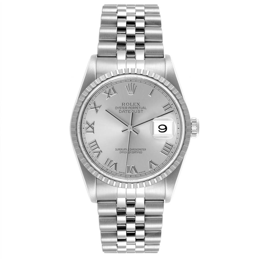 Rolex Datejust 16220 Grey Roman Dial Jubilee Bracelet: Rolex Datejust 16220 Grey Roman Dial Jubilee Bracelet This Rolex Datejust watch features a grey dial with Roman numerals and an engine-turned bezel. It is fitted with a D-Link Jubilee bracelet and is 