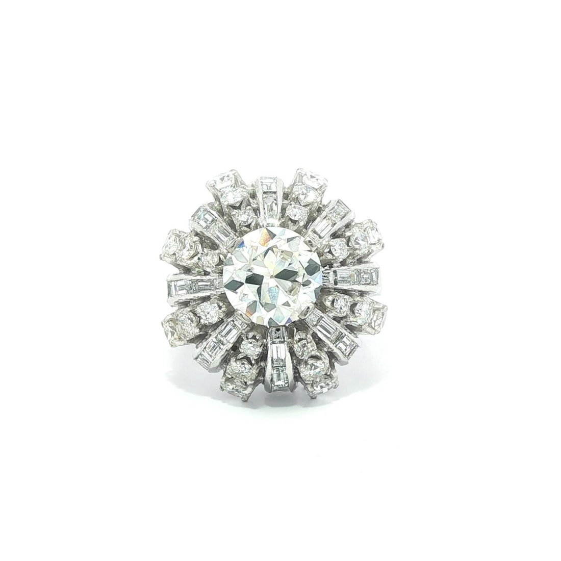 Vintage Platinum GIA 3.94ctw Old European Diamond Dome Cocktail Ring: Vintage Platinum GIA 3.94ctw Old European Diamond Dome Cocktail Ring This stunning vintage cocktail ring showcases a beautiful dome design crafted in solid platinum. The centerpiece features a natural