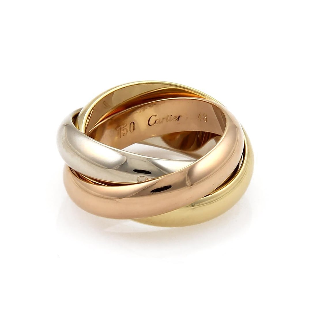 Cartier Trinity 18k Gold Rolling Band Ring US 4.5 EU 48: Cartier Trinity 18k Gold Rolling Band Ring US 4.5 EU 48 This exquisite Cartier Trinity ring features a bold design with three interlaced bands crafted from 18k rose, white, and yellow gold, showcasing