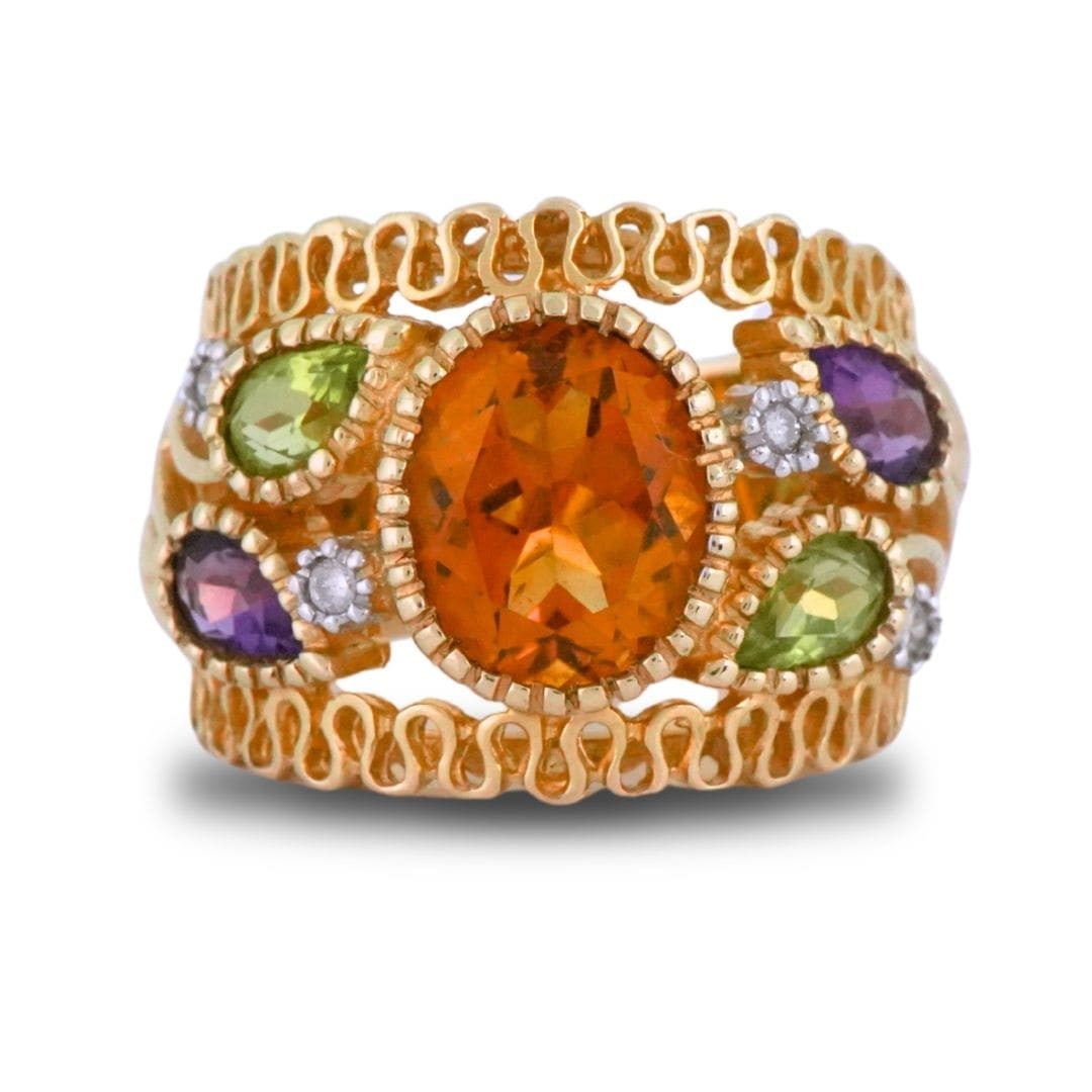 Unbranded 14K Yellow Gold Multi Gemstone Ring Citrine Amethyst Peridot Diamond: Unbranded 14K Yellow Gold Multi Gemstone Ring Citrine Amethyst Peridot Diamond Pre-owned 14K yellow gold multi-gemstone band ring featuring a yellowish-orange oval citrine quartz center, accented by p