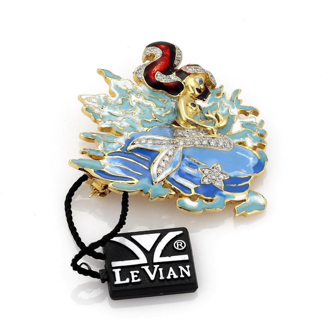 LeVian Mermaid Brooch 18k Yellow Gold Diamond Enamel Multicolor: LeVian Mermaid Brooch 18k Yellow Gold Diamond Enamel Multicolor This exquisite brooch by designer LeVian features a beautifully crafted mermaid sitting gracefully on a rock by the sea. Made from 18k y