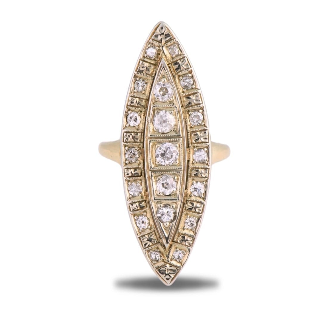 Vintage 14K Yellow Gold Ring with Old Cut Diamonds Size 3.5: Vintage 14K Yellow Gold Ring with Old Cut Diamonds Size 3.5 Well-preserved vintage ladies ring crafted in 14K yellow gold and set with natural old cut diamonds. This pre-owned piece has a classic vint