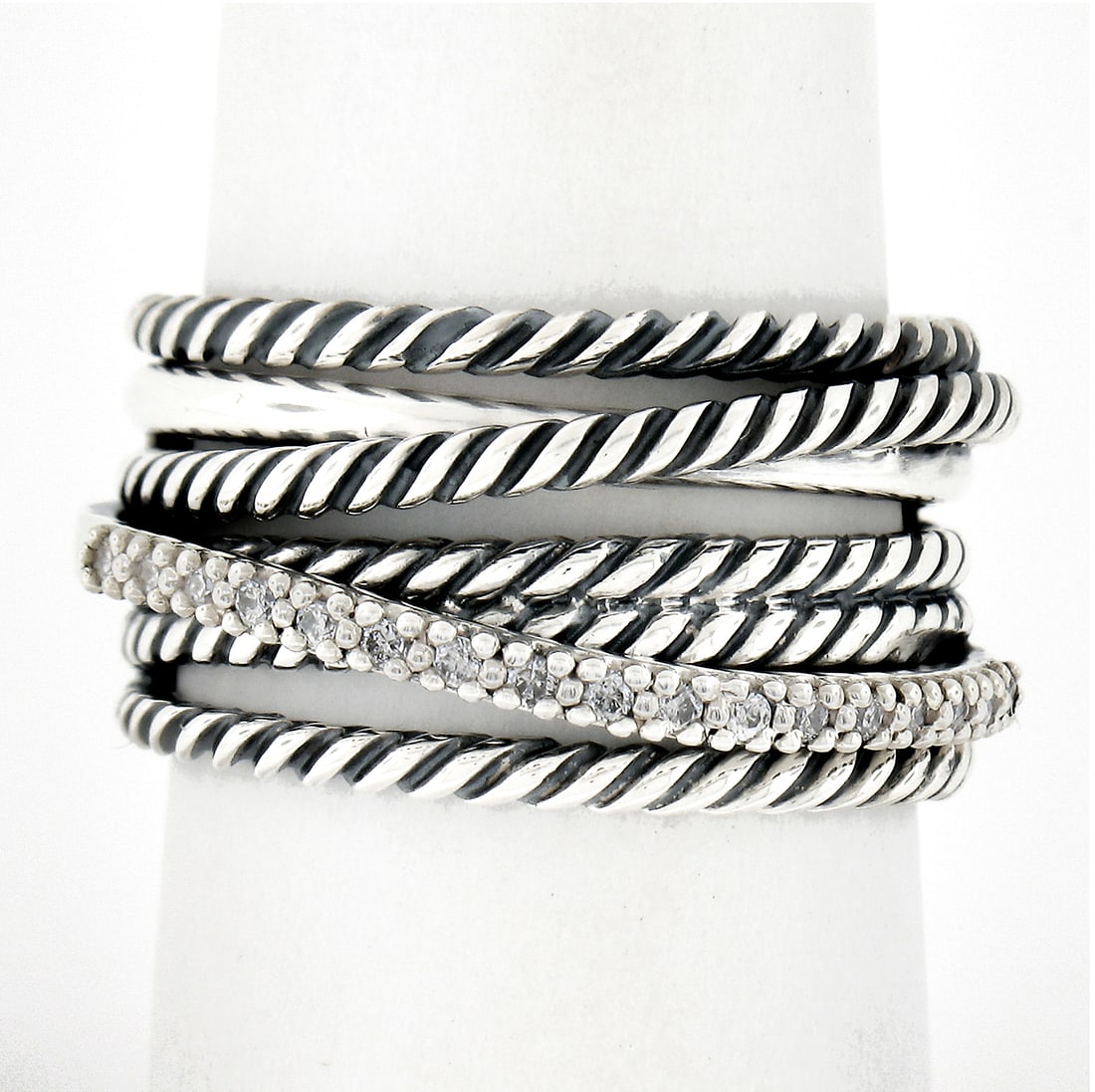 David Yurman Crossover Diamond Pave Sterling Silver Wide Band Ring Size 7: David Yurman Crossover Diamond Pave Sterling Silver Wide Band Ring Size 7 David Yurman Crossover wide band ring crafted in solid sterling silver with the brand's cable motif and pave-set round brillia