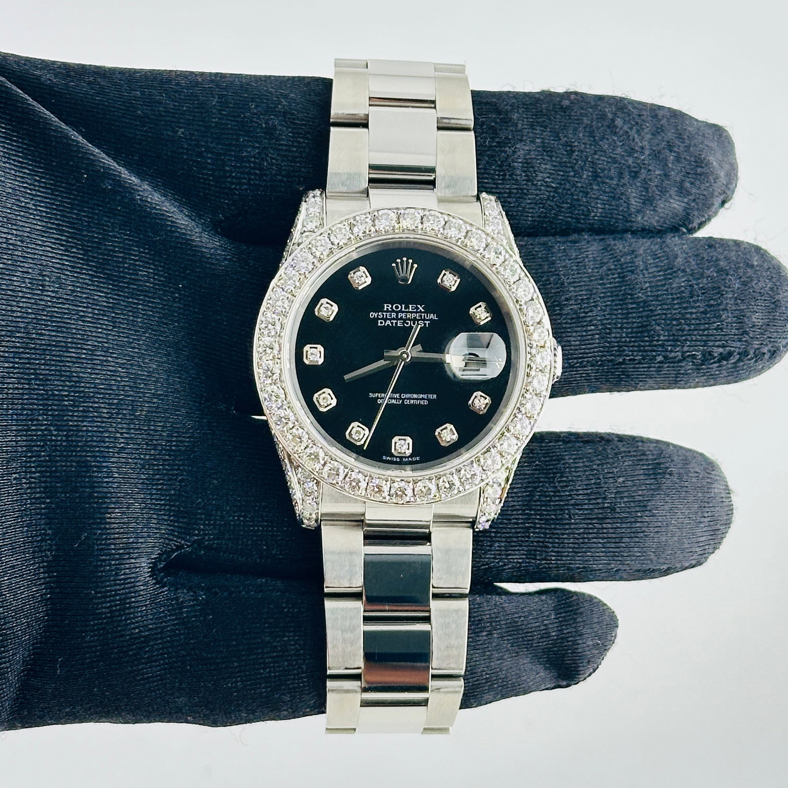 Rolex 116234 Datejust mens watch with aftermarket black diamond dial: Rolex 116234 Datejust mens watch with aftermarket black diamond dial Mens Rolex Datejust with reference 116234, featuring an Aftermarket black diamond dial and Aftermarket diamond bezel on an Oyster b
