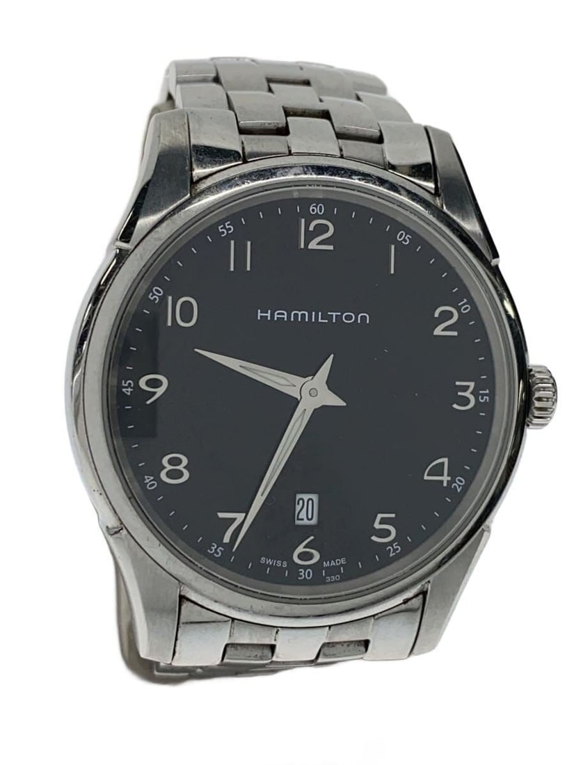 Hamilton Thinline Quartz Men's Stainless Steel Wristwatch: Hamilton Thinline Quartz Men's Stainless Steel Wristwatch This Hamilton Jazzmaster Thinline Quartz H385111 men's wristwatch features a stainless steel case and band with a sleek black dial. Made in Sw
