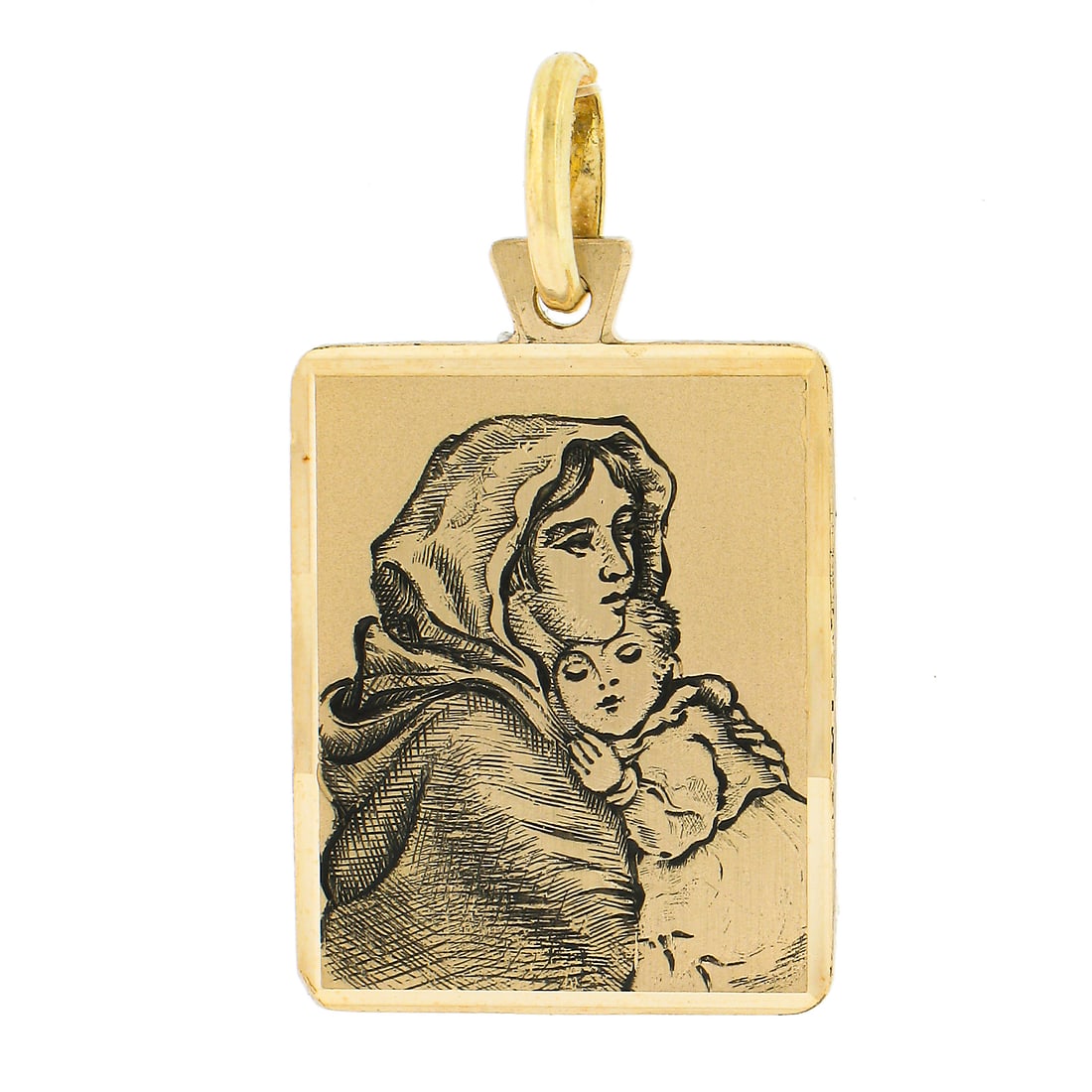 18K Yellow Gold Engraved Mother Mary Jesus Charm Pendant: 18K Yellow Gold Engraved Mother Mary Jesus Charm Pendant This exquisite charm pendant features a beautifully engraved design of Mother Mary and Jesus, crafted from 18K solid yellow gold. The rectangul