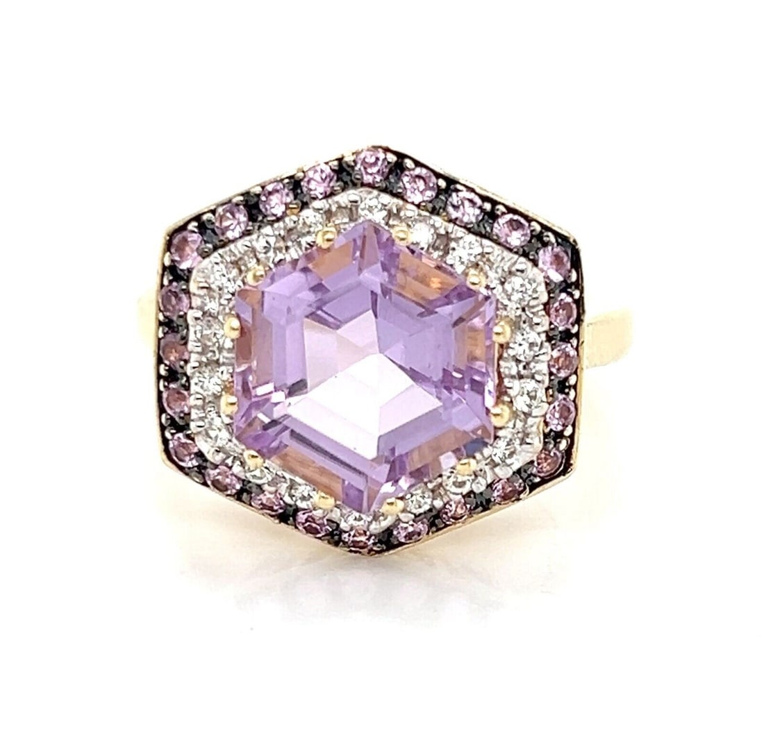 Le Vian Statement Ring 14k Two Tone Gold Amethyst Pink White Sapphire Size 7: Le Vian Statement Ring 14k Two Tone Gold Amethyst Pink White Sapphire Size 7 Pre-owned Le Vian statement gemstone ring featuring an octagon-cut natural amethyst as the center stone, accented by natura