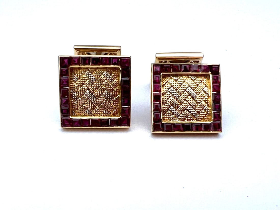 French 18K Yellow White Gold Berme Ruby Cufflinks: French 18K Yellow White Gold Berme Ruby Cufflinks Discover an exquisite pair of cufflinks crafted from 18K yellow and white gold, featuring stunning Berme rubies. These French cufflinks showcase excep