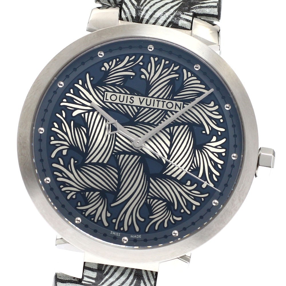 Louis Vuitton Q1D05 Tambour wristwatch for men quartz leather strap: Louis Vuitton Q1D05 Tambour wristwatch for men quartz leather strap Pre-owned Louis Vuitton Tambour Damier Graphite Rope men's wristwatch with a quartz movement and stainless steel case. This watch fe