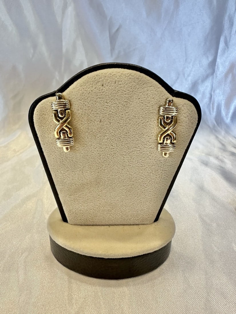 Exquisite French 14K Yellow White Gold Dangle Earrings: Exquisite French 14K Yellow White Gold Dangle Earrings This exquisite pair of earrings features a stunning combination of yellow and white 14k gold, showcasing a dangle/drop style that adds elegance t