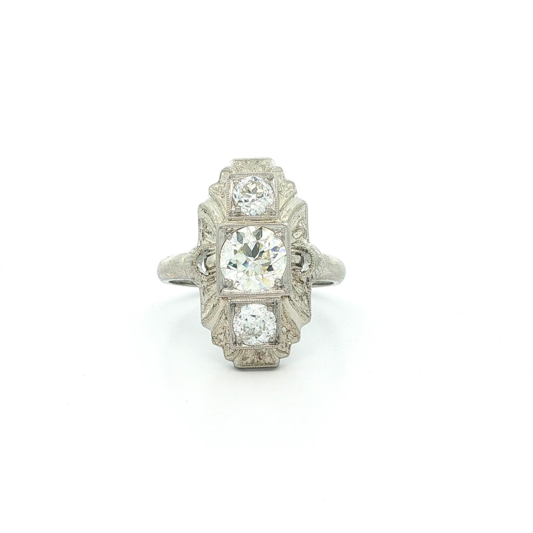 Art Deco White Gold Old European Cut Diamond Cocktail Ring 1.05ct: Art Deco White Gold Old European Cut Diamond Cocktail Ring 1.05ct This antique Art Deco dinner ring features a stunning Old European cut diamond centerpiece, accented by additional Old European cut di